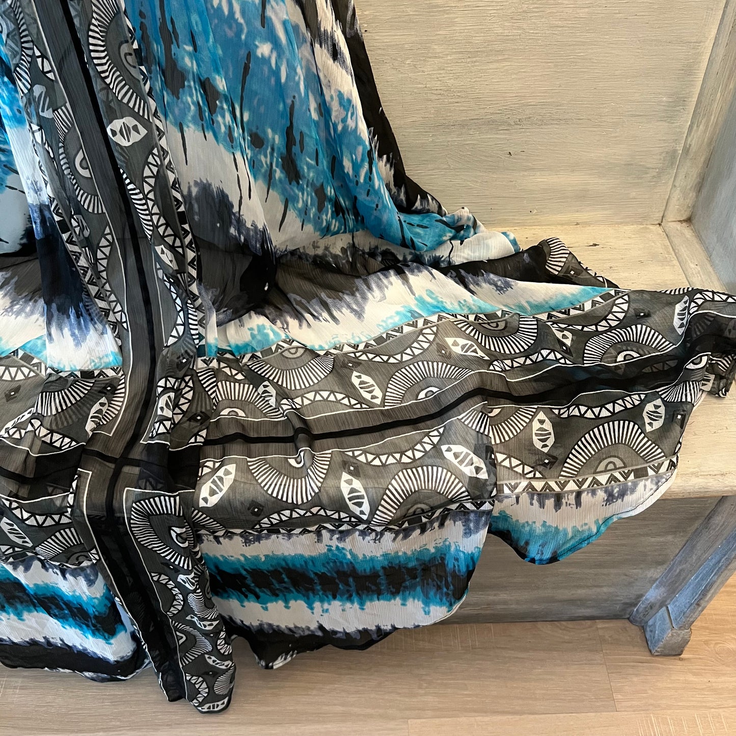 White House Black Market Aqua Charcoal Tie Dye Abstract Print Maxi Sun Dress Size 6 Good Condition
