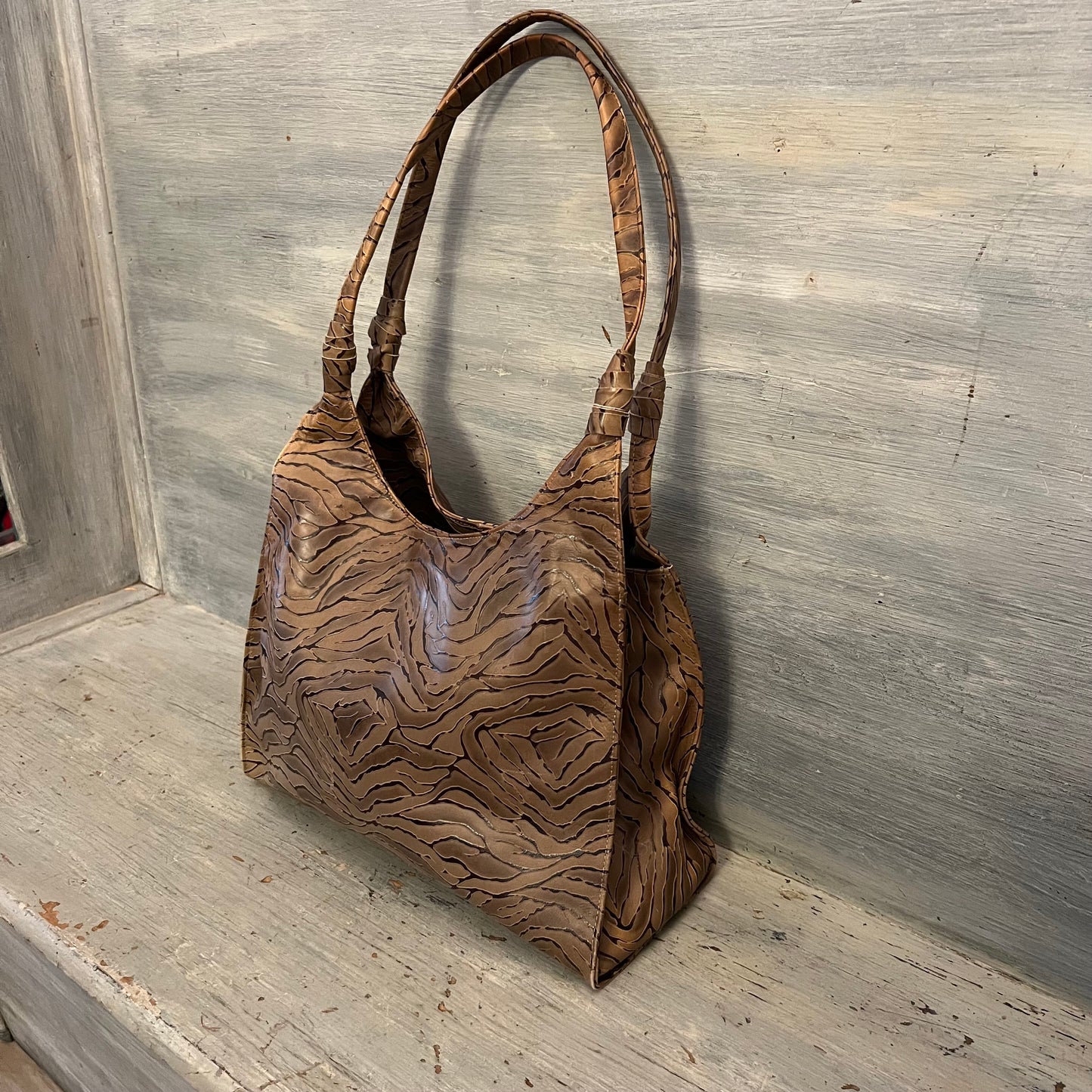 Faux Leather Tan Organic Pattern Shoulder Bag Purse 14x13x6 Like New