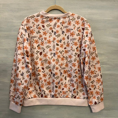 Emery Rose Peach Floral Leaf Print Crew Neck Pullover Sweatshirt Medium Good Condition