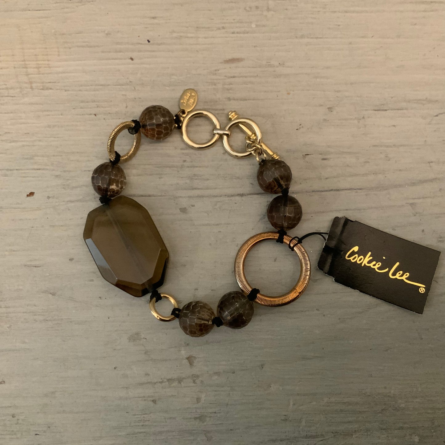 Cookie Lee Transparent Smoky Brown Beaded Gold Toggle Clasp Bracelet New with Tags