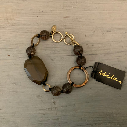 Cookie Lee Transparent Smoky Brown Beaded Gold Toggle Clasp Bracelet New with Tags