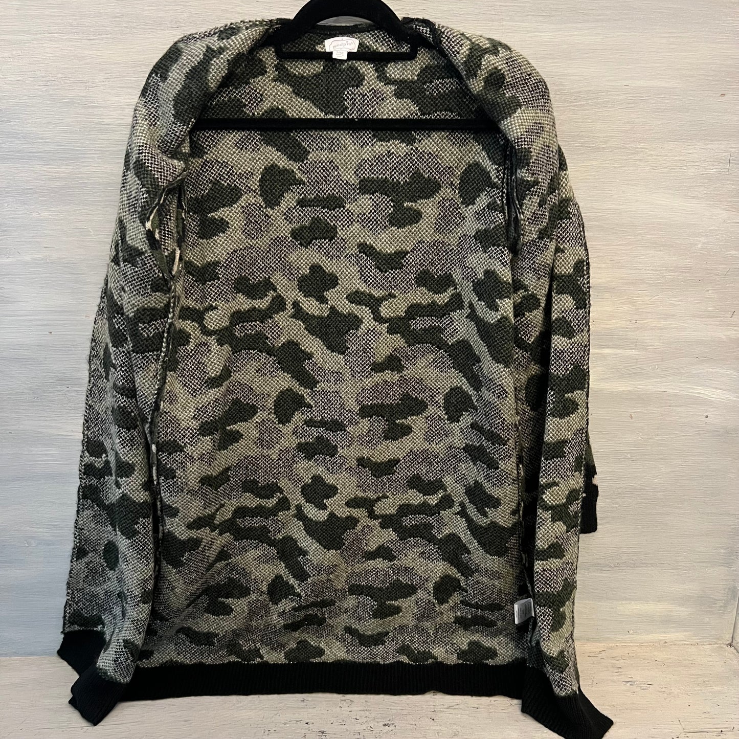 Mudpie Tan Black Khaki Green Camo Cardigan Sweater Size S/M Good Condition