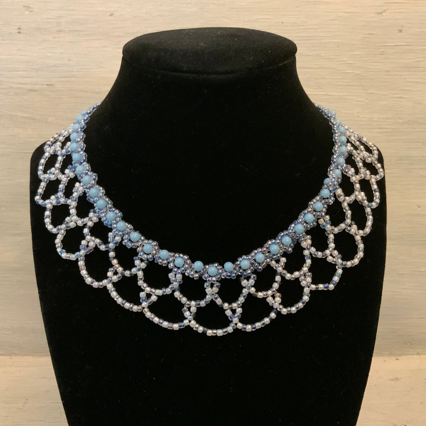 Beautifully Handbeaded Light Blue White Mini Bead Choker Necklace New
