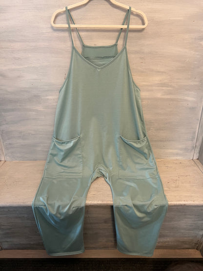 Seafoam Green Sleeveless Vneck Slouchy Racerback Jumpsuit Size Large Good Condition