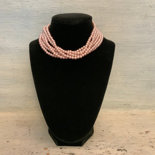 Elegant Vintage Style Pink Multi Strand Faux Pearl Choker Necklace 12-14" Good Condition