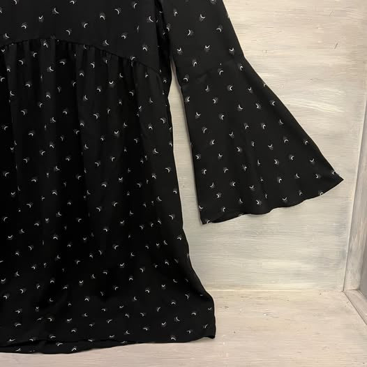 Loft Empire Waist Bell Sleeve Black Silver Crescent Moon Print Dress Medium Like New