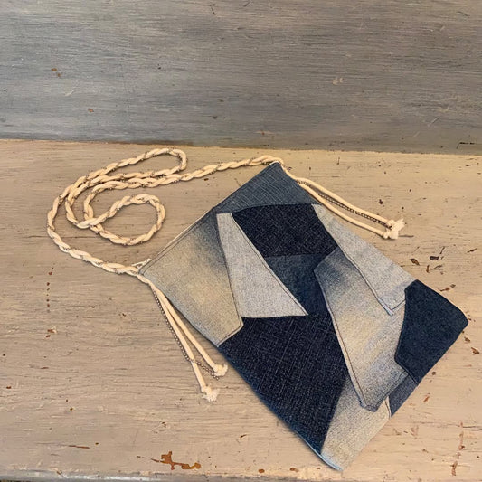 Denim Patchwork Crossbody Purse Braided Strap Zipper Closure Good Condition