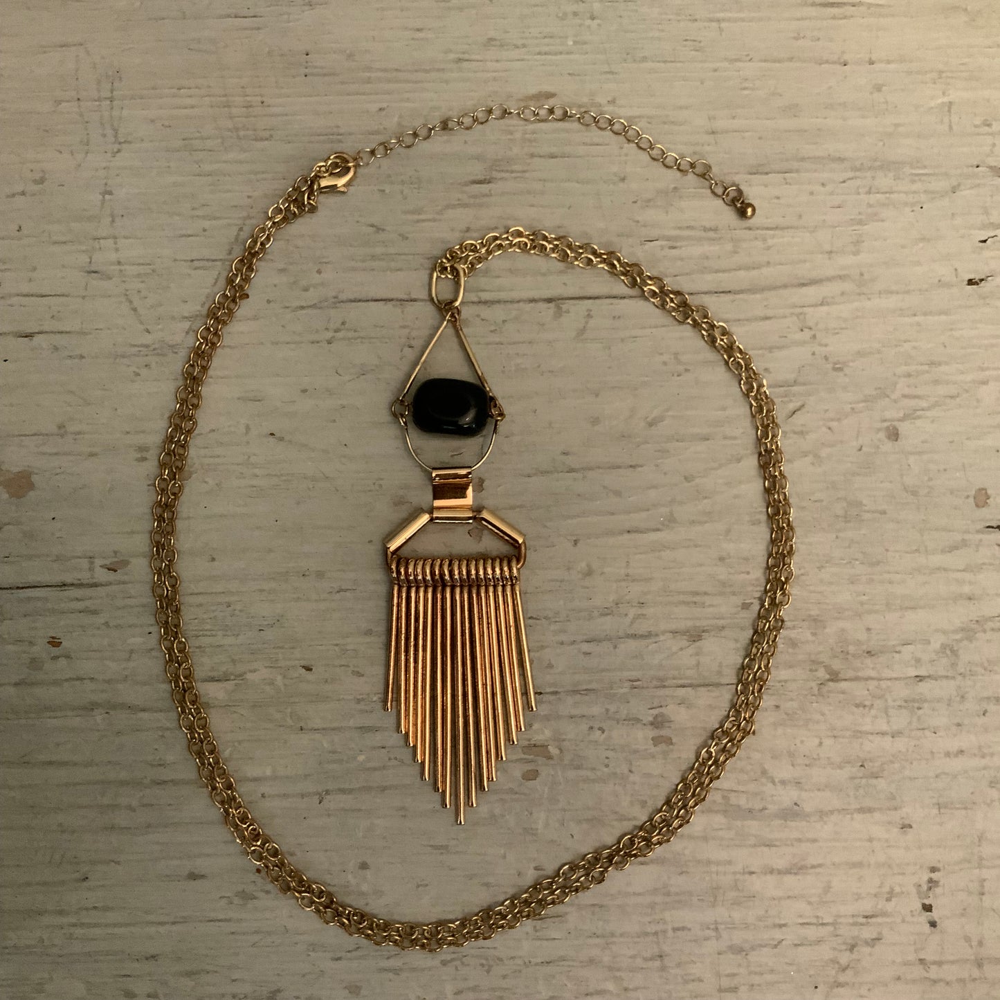 Long Gold Tone Geometric Tassel Pendant Statement Necklace 39-43" Good Condition