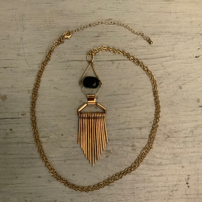 Long Gold Tone Geometric Tassel Pendant Statement Necklace 39-43" Good Condition