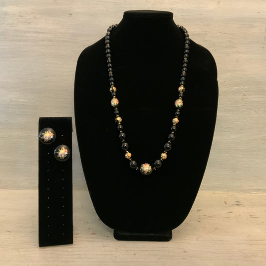 Vintage Black Floral Beaded Necklace & Earring Set Good Condition