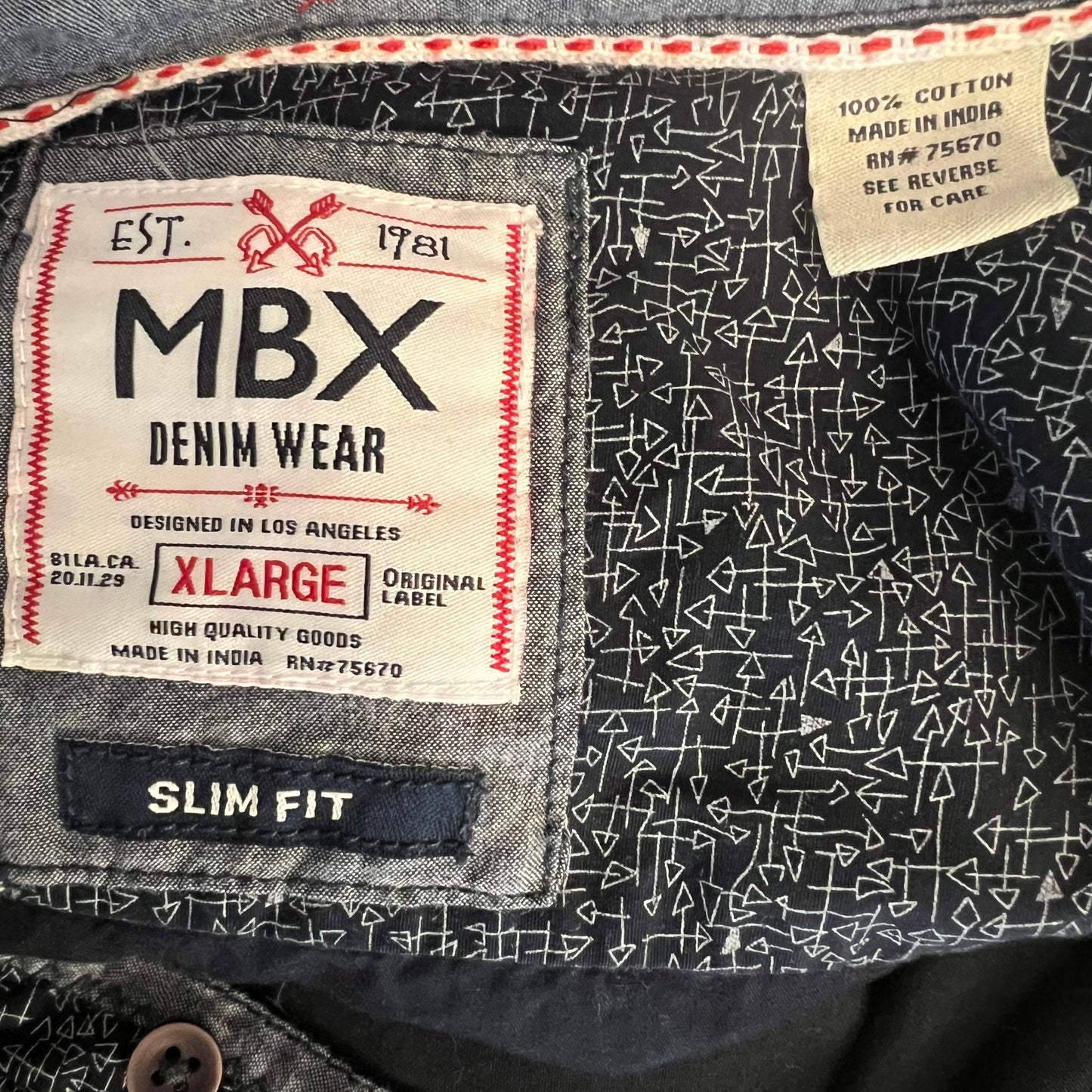 MBX Denim Wear Slim Fit Navy Blue Abstract Print Button Down Shirt XL Good Condition