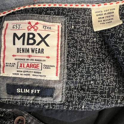 MBX Denim Wear Slim Fit Navy Blue Abstract Print Button Down Shirt XL Good Condition