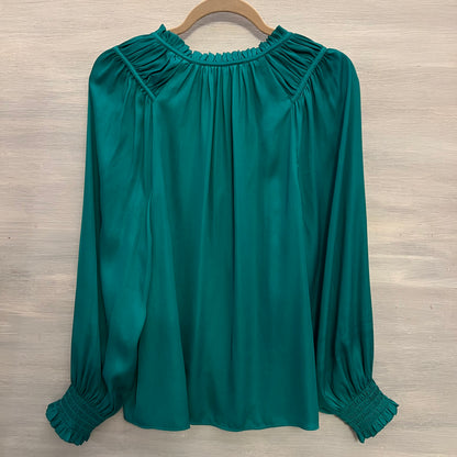 Loft Green Gathered Tie Neck Blouse Smock Size Medium Good Condition
