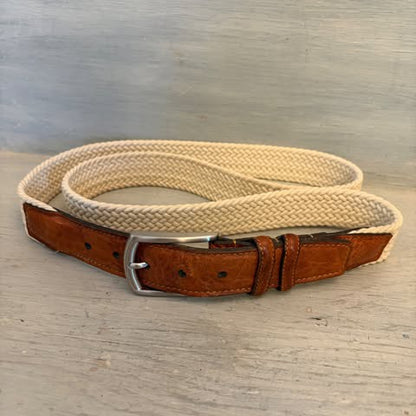 Torino Men's Cream Woven Stretch Belt w/ Brown Leather Trim 47-51" Good Condition