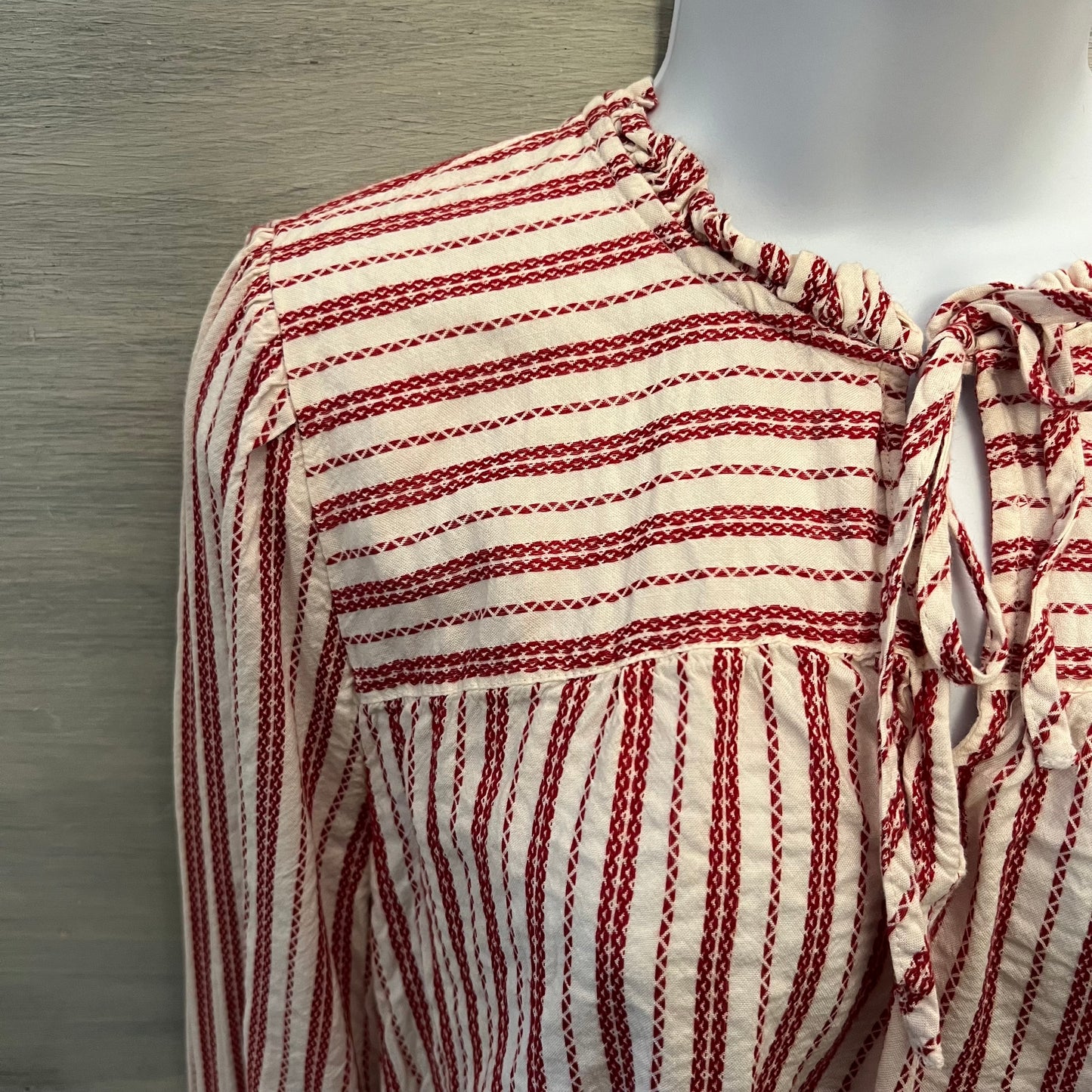 LOFT White Red Striped Ruffle Tie Neck Peasant Tunic Top Blouse Size Size XL Good Condition