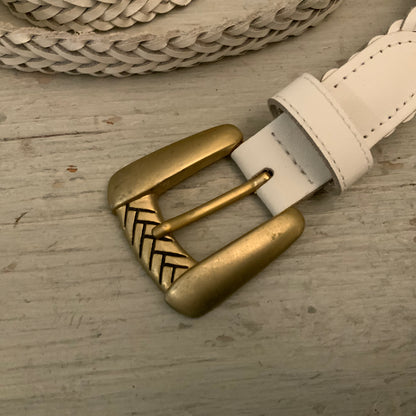 Vintage Chic Braided White Leather Gold Buckle Belt Medium Good Condition