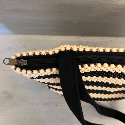 Vintage Beaded Black Cream Stripe Shoulder Bag Purse Good Condition