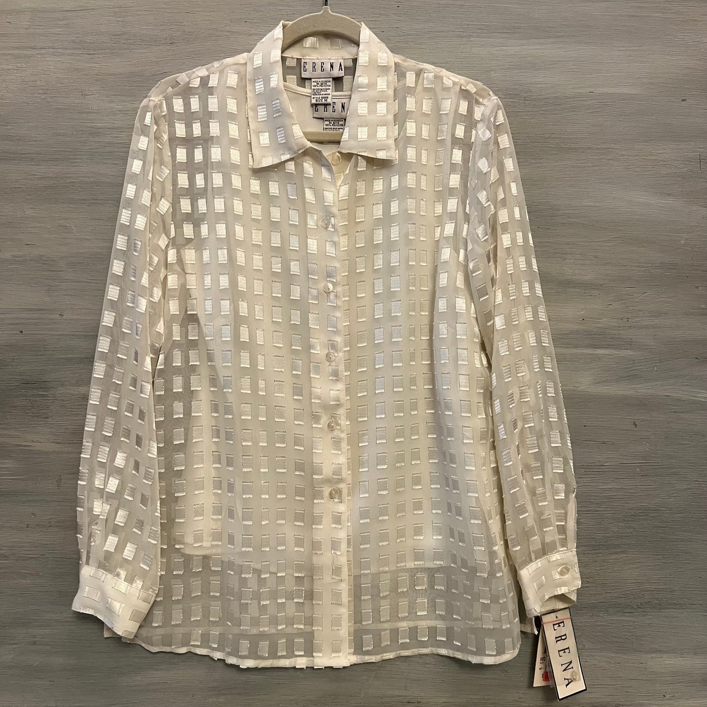 ERENA 2 Piece Sheer Cream Gold Square Pattern Button Down Blouse Medium New with Tags
