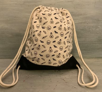 Skull Crossbones Poison Bottle Print Canvas Drawstring Backpack Good Condition