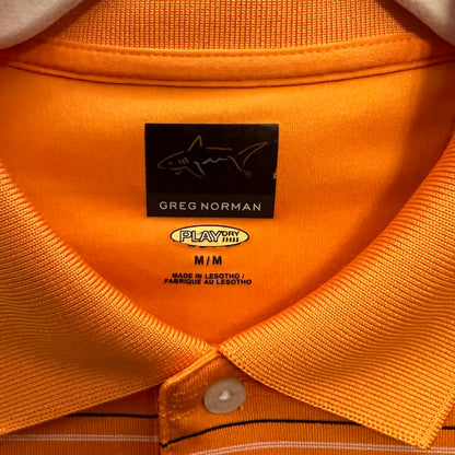 Greg Norman Play Dry Orange Striped Short Sleeve Polo Shirt Size Medium Good Condition