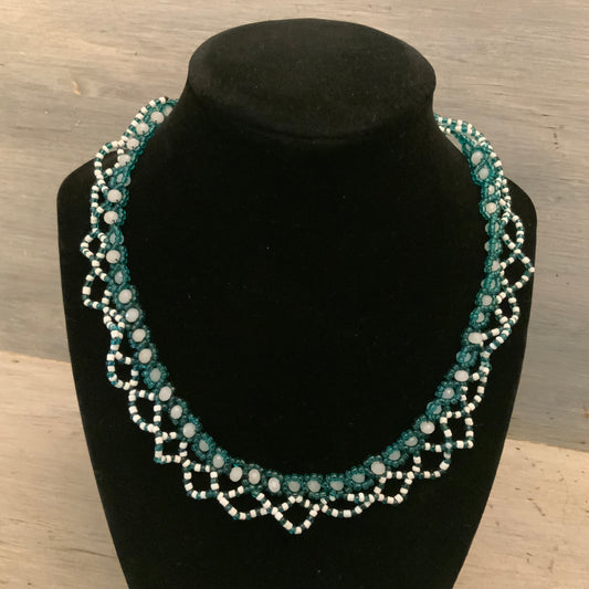 Beautiful Hand Beaded Aqua Blue White Mini Bead Choker Necklace 16”-19” New