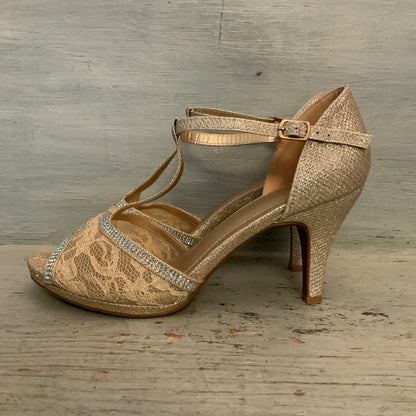 Dream Pairs "Amore_2" Rose Gold Shimmer T-Strap Peep Toe Heels Size 9 Good Condition