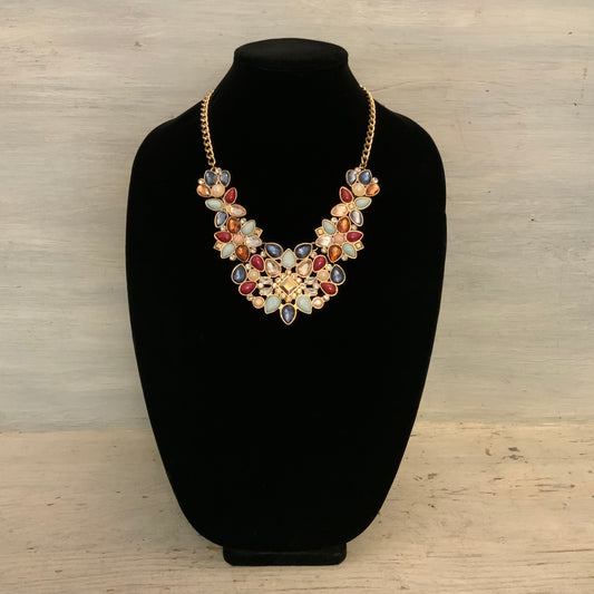 Colorful Faux Gemstone/Rhinestone Collar Bib Statement Necklace 18-20.5" Good Condition