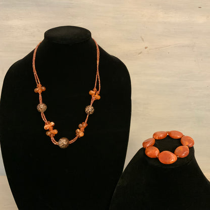 Handcrafted Beaded Double Strand Statement Necklace & Chunky Bracelet Set Good Condition
