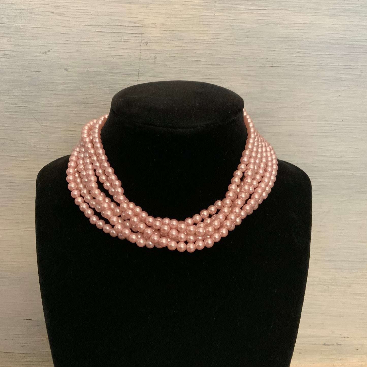 Elegant Vintage Style Pink Multi Strand Faux Pearl Choker Necklace 12-14" Good Condition
