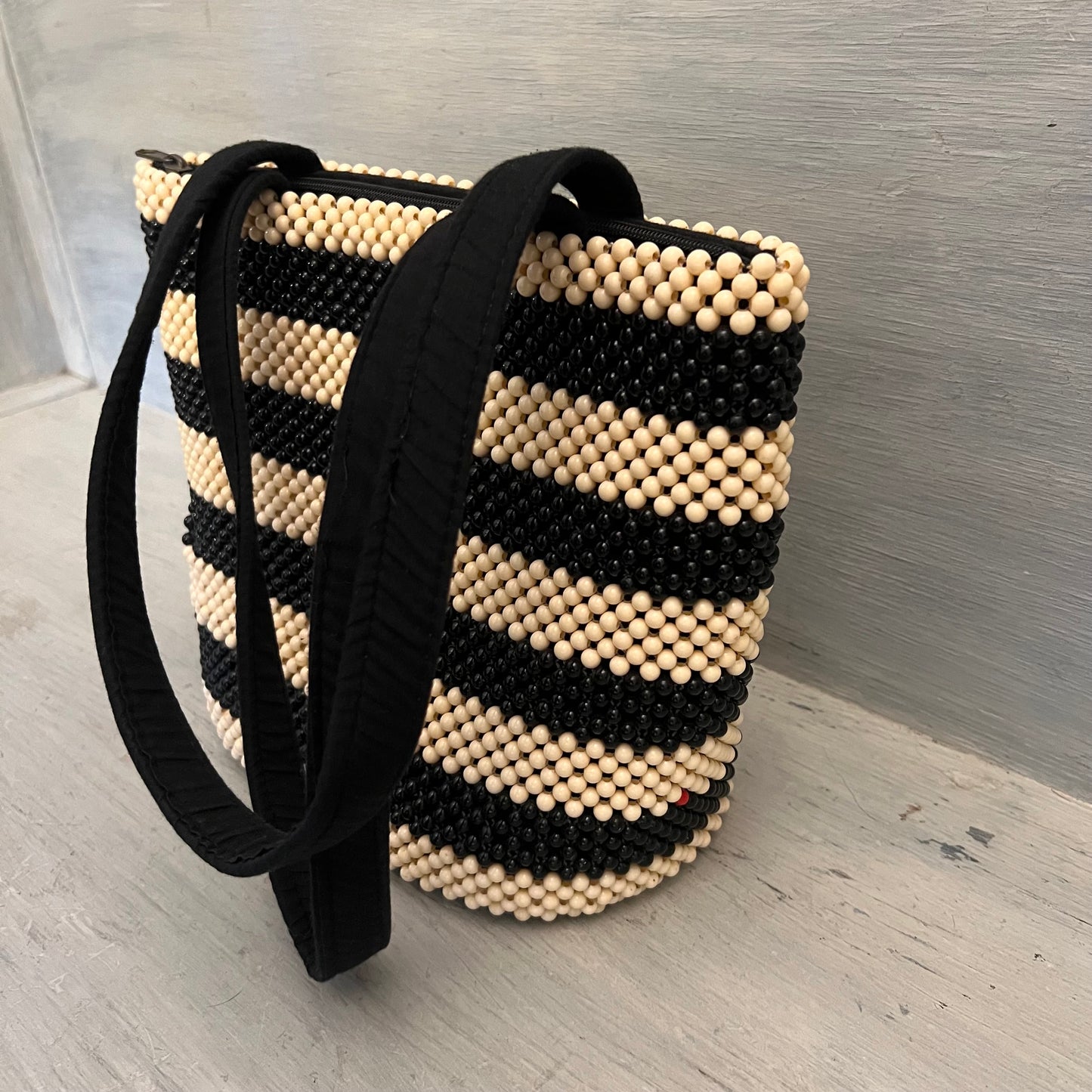 Vintage Beaded Black Cream Stripe Shoulder Bag Purse Good Condition