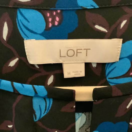 LOFT Black Blue Floral Print Shirt Dress Medium Like New