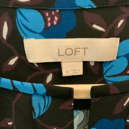 LOFT Black Blue Floral Print Shirt Dress Medium Like New