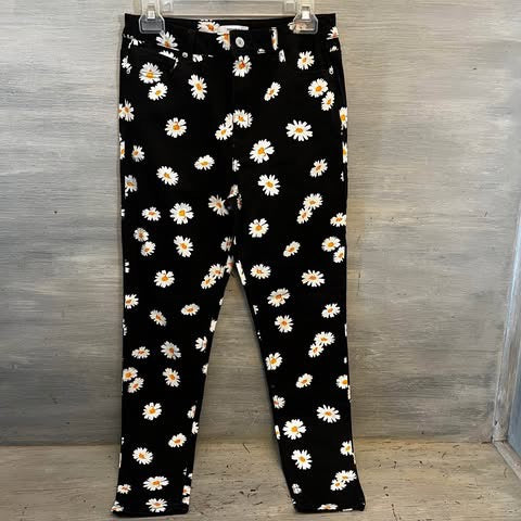 Forever 21 Black Daisy Print Skinny Jeans Size 28 Good Condition