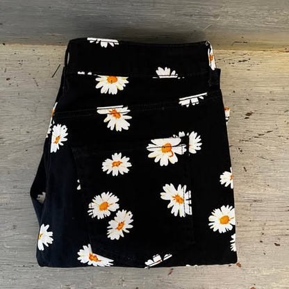 Forever 21 Black Daisy Print Skinny Jeans Size 28 Good Condition