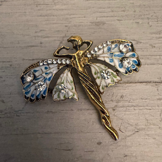 Vintage Gold Tone Dancing Fairy w/ Bejeweled Multicolor Wings Brooch Pin 2x2 Good Condition