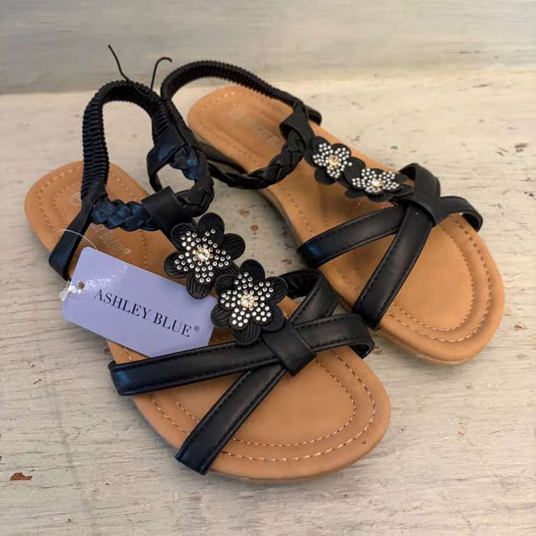 Ashley Blue Black Faux Leather Rhinestone Flower Sandal Size 7 New