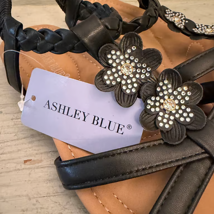 Ashley Blue Black Faux Leather Rhinestone Flower Sandal Size 7 New