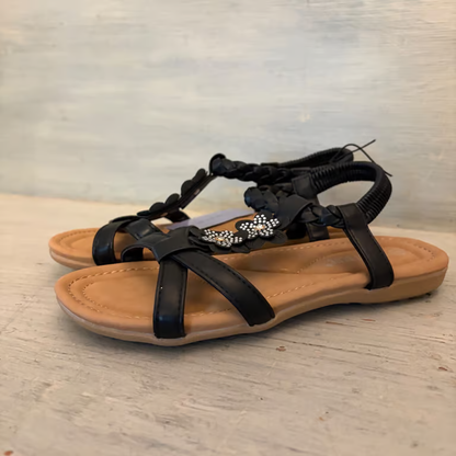 Ashley Blue Black Faux Leather Rhinestone Flower Sandal Size 7 New