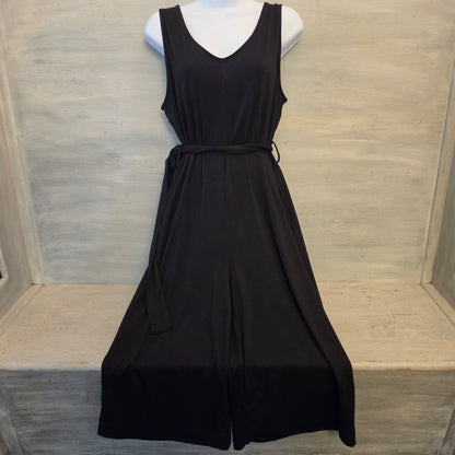 Sucolan Black Sleeveless Vneck Tie Waist Cropped Wide Leg Jumpsuit Size Large Good Condition