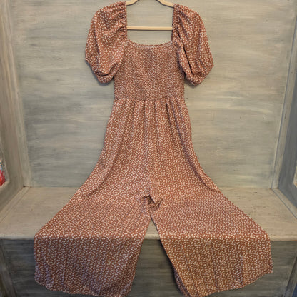 Jim & Nora Rust Floral Print Puffed Sleeve Wide Leg Jumpsuit Size Large Good Condition