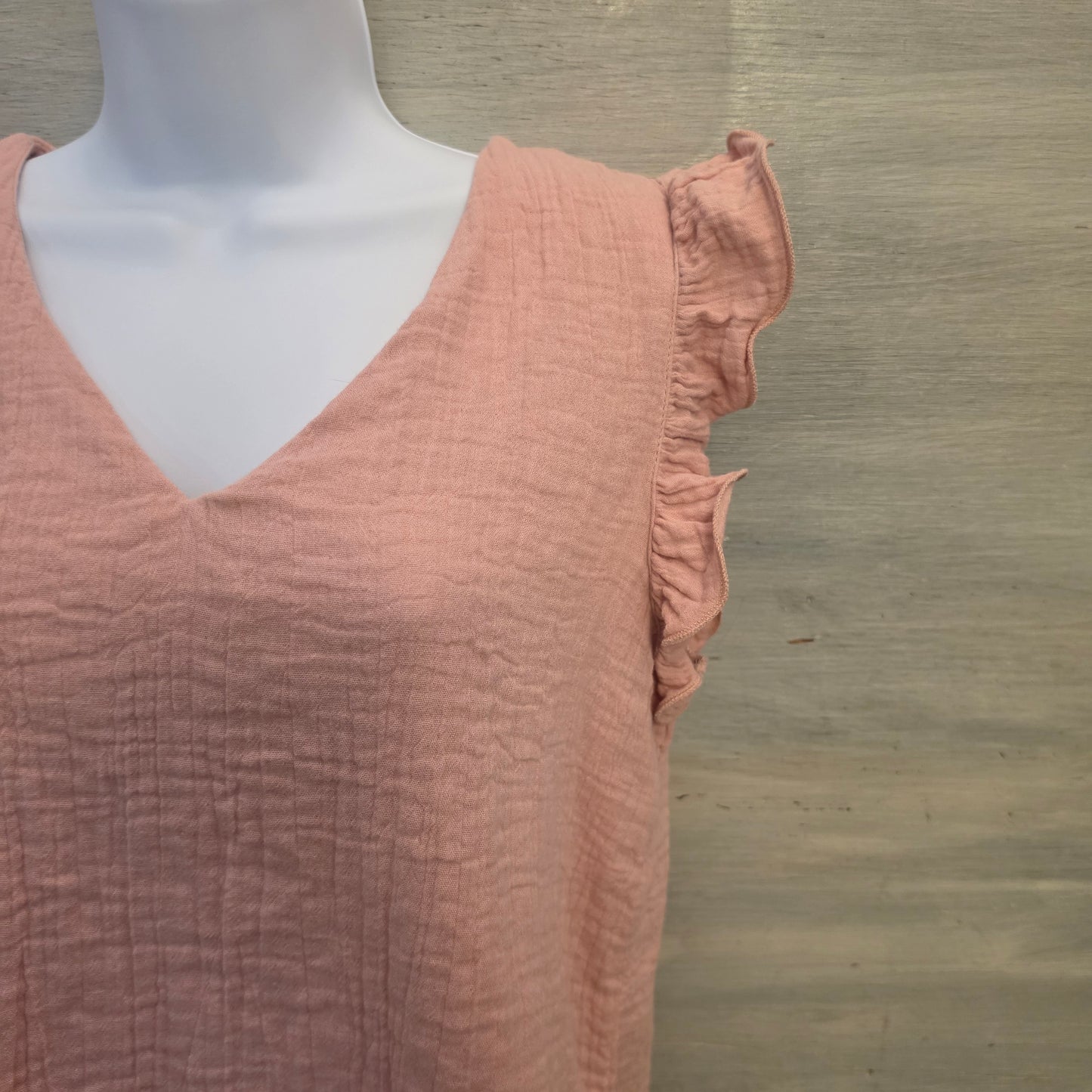Dokotoo 100% Cotton Blush Pink Muslin Ruffle Cap Sleeve Vneck Blouse Size Small Good Condition