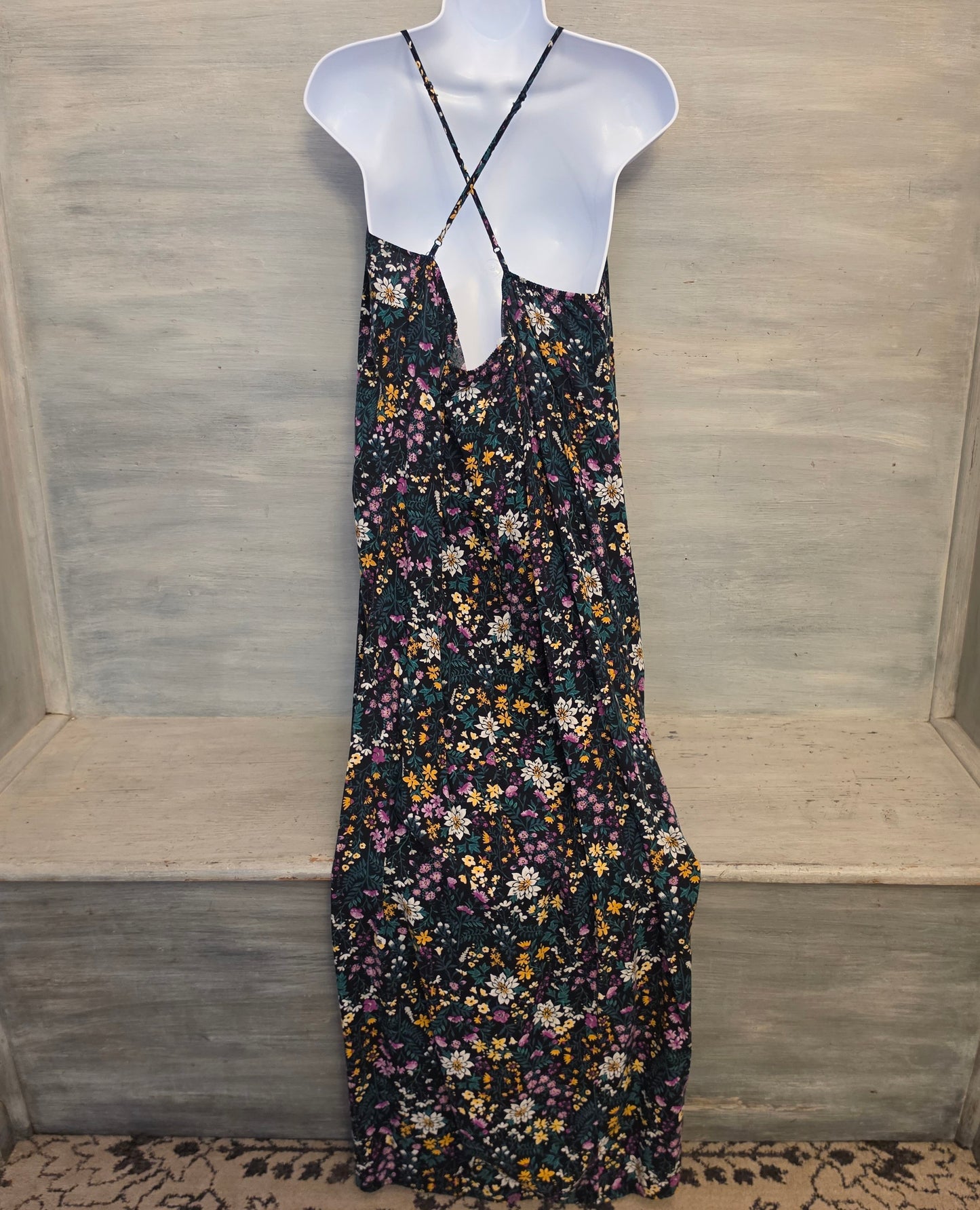 Old Navy Black Multicolor Floral Print Sleeveless Full Length Maxi Dress Size XL Good Condition