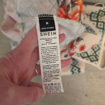 Shein Geometric and Floral Print Vneck Mini Slip Dress w/ Ruffle Hem Size Medium Good Condition