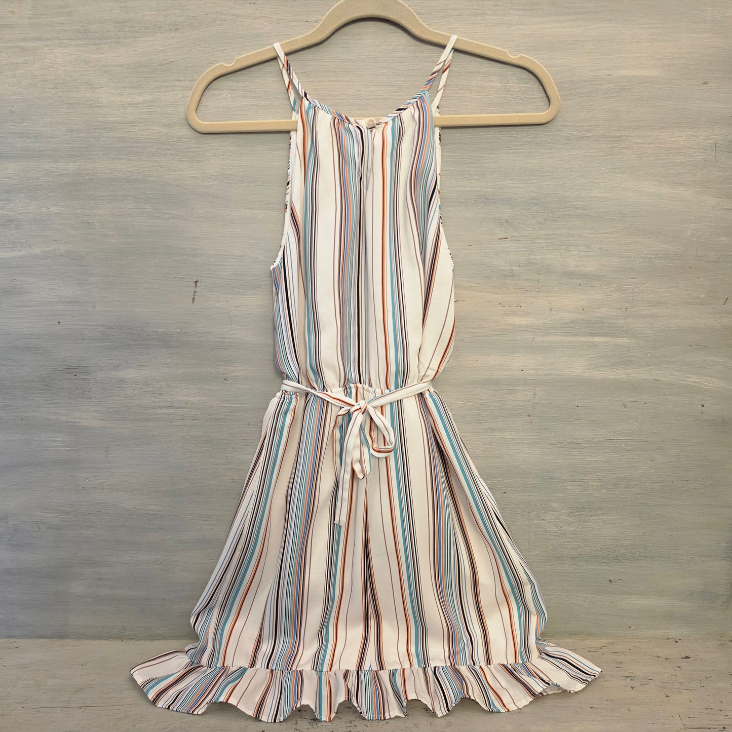 Harper Heritage Multicolor Stripe Faux Wrap Ruffle Hem Mini Dress Size Small Good Condition