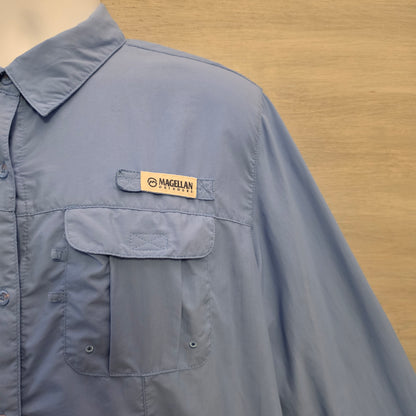 Magellan Outdoors Sky Blue Fish Gear Relaxed Fit Casual Button Down Shirt Size 2XL Good Condition