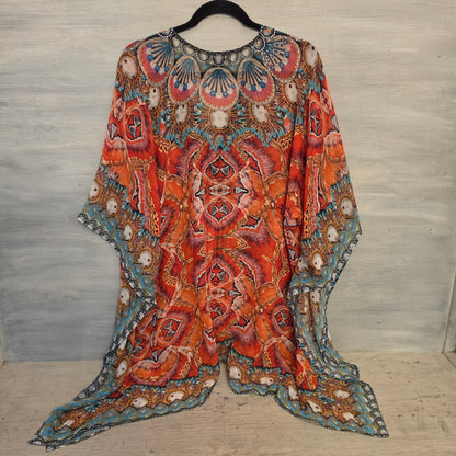 Charlie Paige Flowy Colorful Boho Print Beach/Pool Kaftan Coverup One Size Good Condition