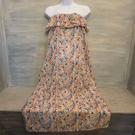 Tulle Multicolor Abstract Print Ruffle Neck Strapless Maxi Dress Size Medium Good Condition