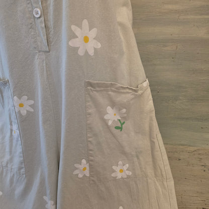 Beige Cotton & Linen Daisy Print Sleeveless Round Neck Jumpsuit Size 2XL Good Condition