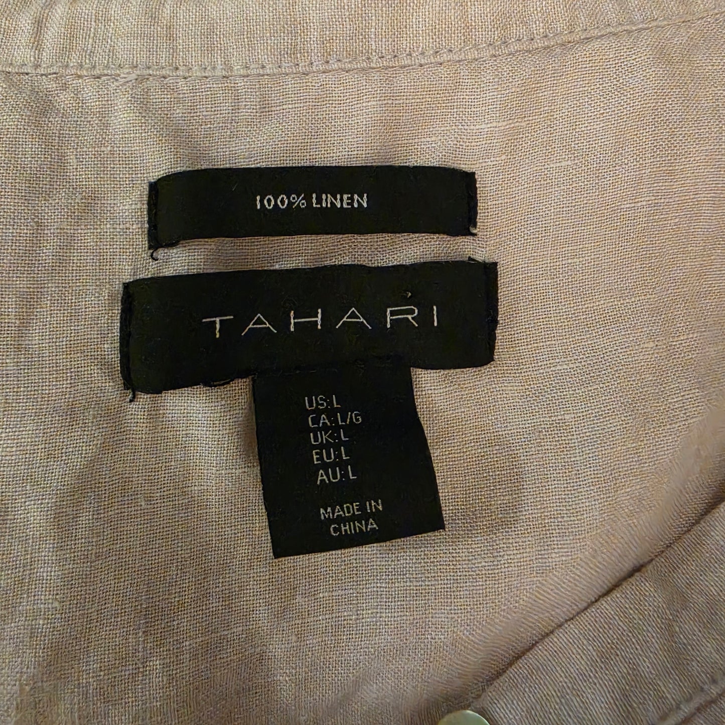 Tahari 100% Linen Beige Sleeveless Button Down Mini Shirt Dress Size Large Good Condition