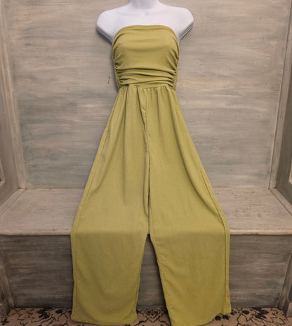 Shein Chartreuse Green Crepe Ruched Strapless Wide Leg Jumpsuit Size Small Good Condition